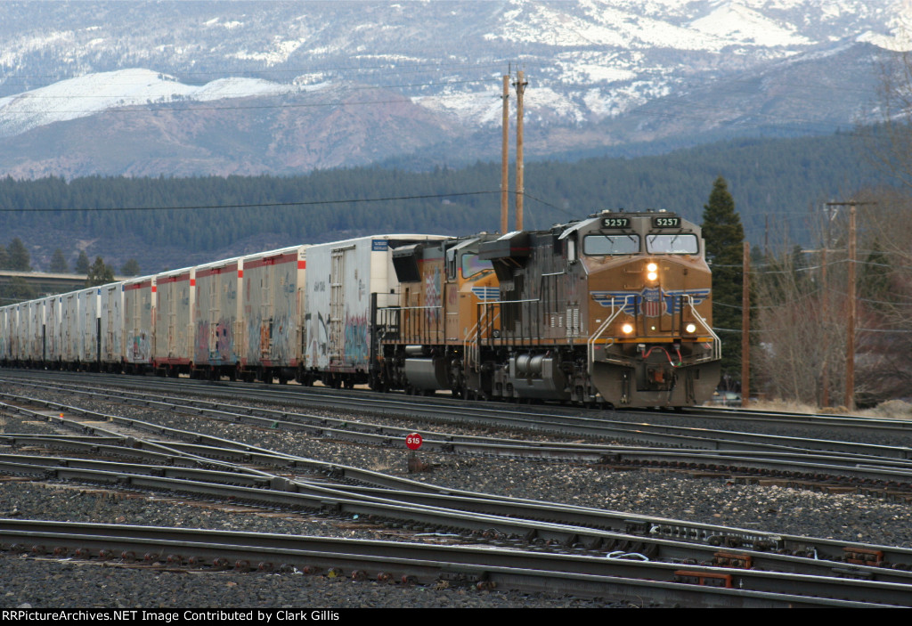 UP 5257 with Ice Cold Express passing Truckee Yard.